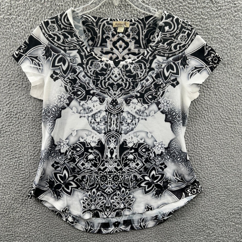 Womens Artsy Top L Indie Statement Smooth Stretch Ornate Rhinestone Mandala